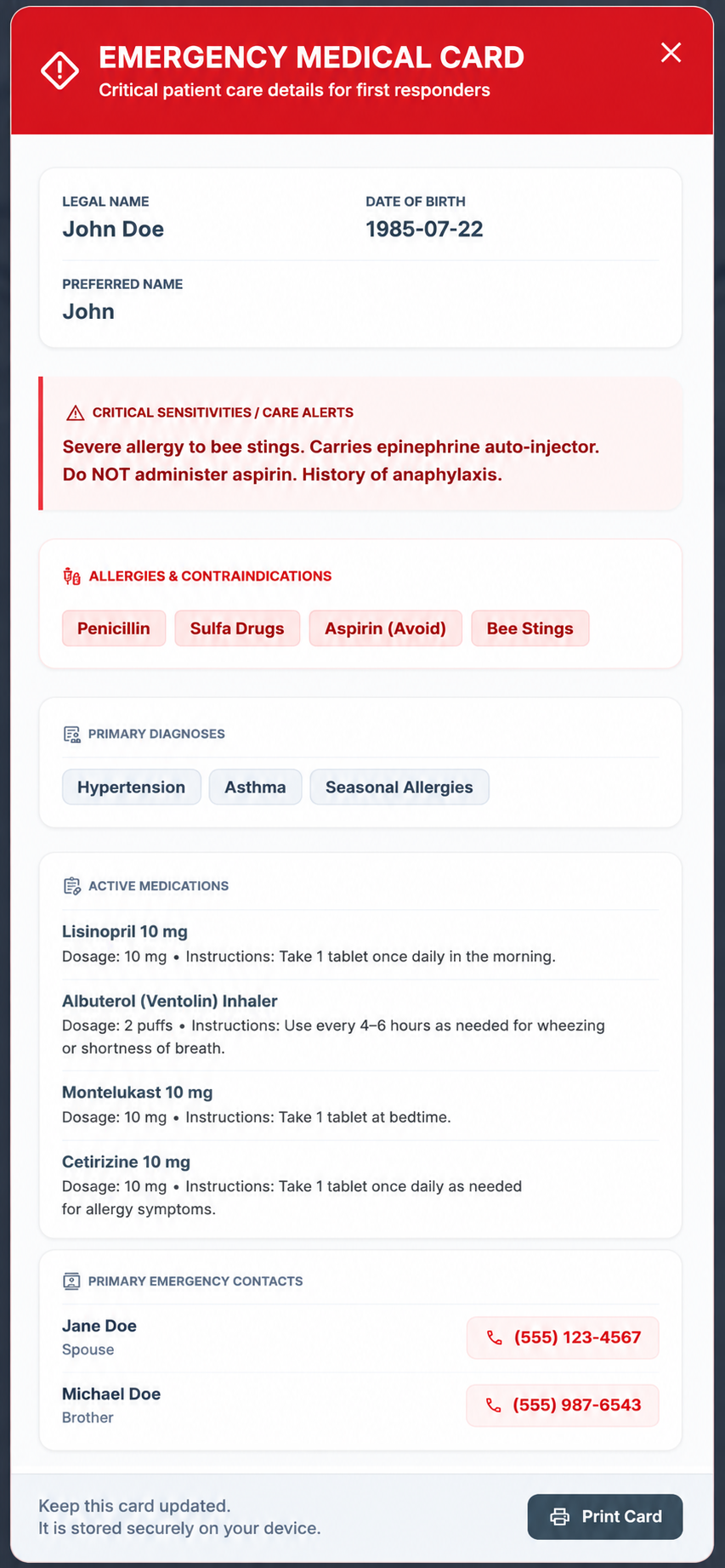 Emergency medical card — critical sensitivities, allergies, diagnoses, active medications, and emergency contacts, printable