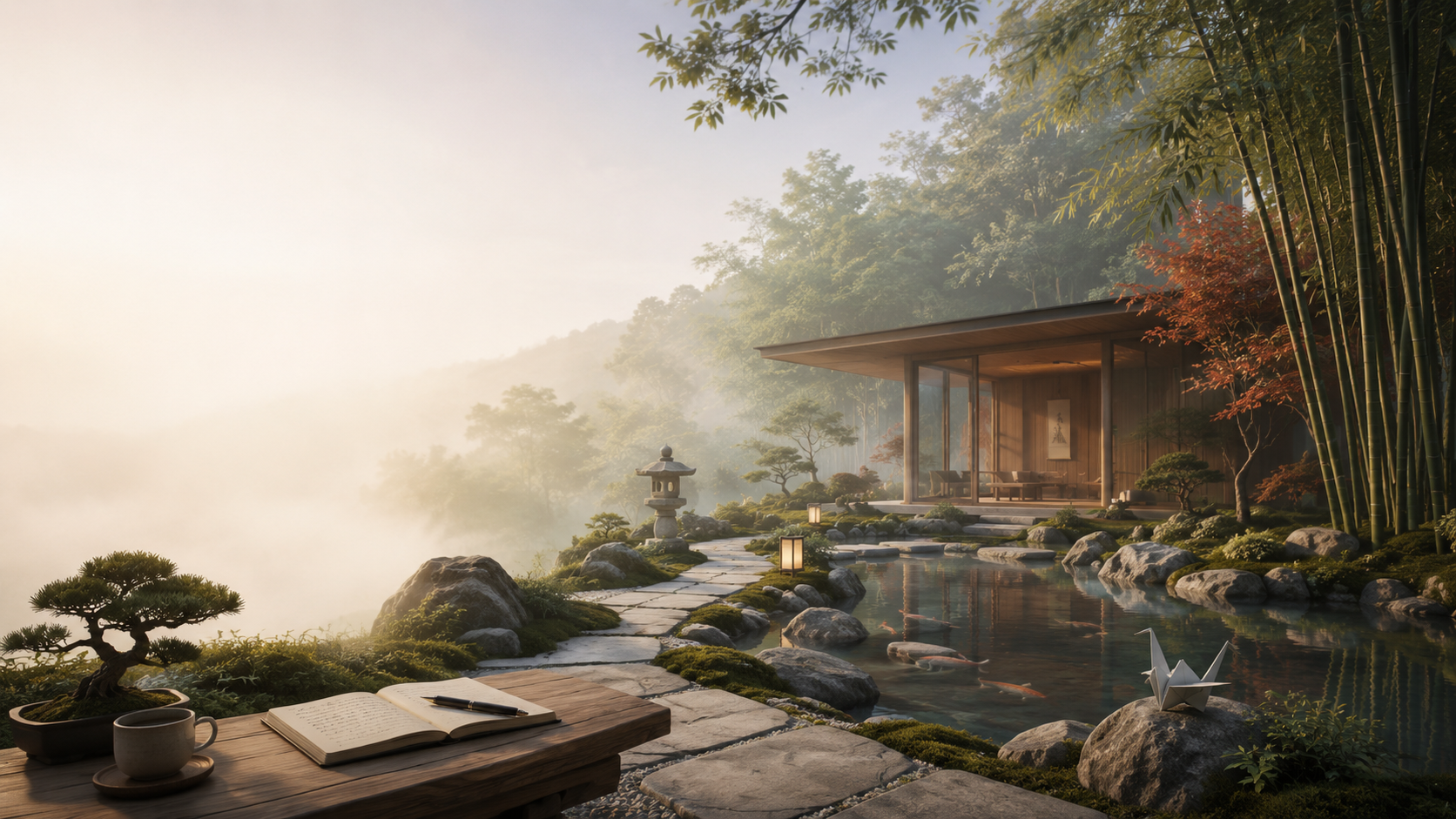 A hillside zen garden at dawn — koi pond, stone lantern, and an open notebook on a wooden desk above valley fog