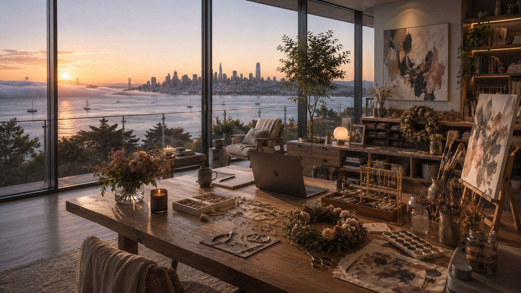 A warm maker’s studio at sunrise — wide worktable, easel, and the San Francisco skyline through floor-to-ceiling glass