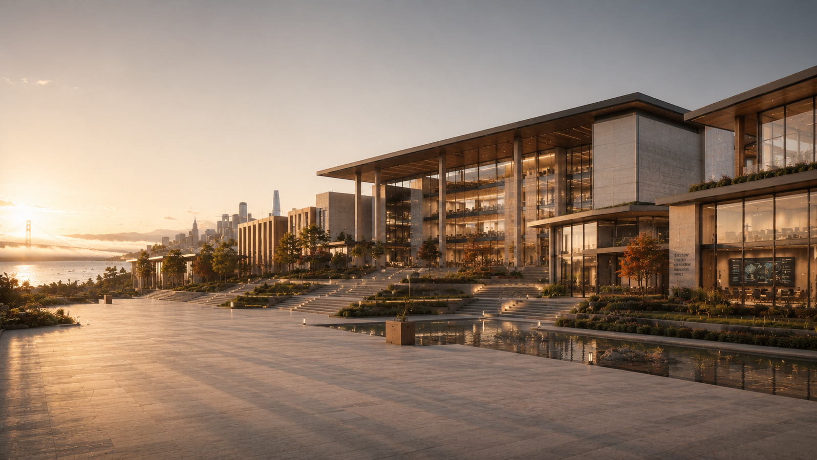 A long concrete-and-timber pavilion above a reflecting pool at sunrise, the skyline in the distance